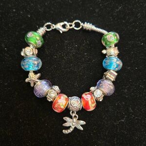 Murano Glass Bead Dragonfly Charm Bracelet Silver Tone